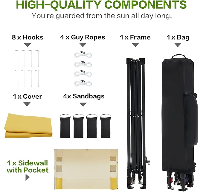 10'x10' Pop Up Canopy Tent with 1 Sidewall and 6 Pockets, One Push Setup, Instant Shade Tent with Vented Roof for Beach Patio Outdoor, Case, 8 Stakes, 4 Ropes, 4 Sandbags (Yellow, 10x10)