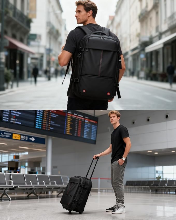 Vacuum Rolling Backpack with Vacuum System, Built-in Pump and Charging Port, Carry On Luggage with Vacuum Seal Bag, Wheels, Travel Suitcase with Vacuum Compression Bag for 17" Laptop