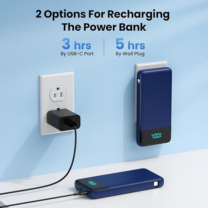Portable Charger for iPhone with Built in Cables and Wall Plug,Upgraded 13800mAh Fast Charging USB C Power Bank,4 Outputs Travel Essential Battery Pack Compatible with iPhone 15/14/13/12,Samsung-Blue