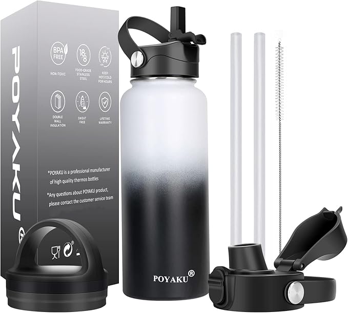 Water Bottle Insulated 32oz 40oz 64oz 128oz Straw Lid Spout Lid & 3 Lids, Leak Proof, Vacuum Insulated,Stainless Steel Water Bottle Wide Mouth for Sports, Gym or Office