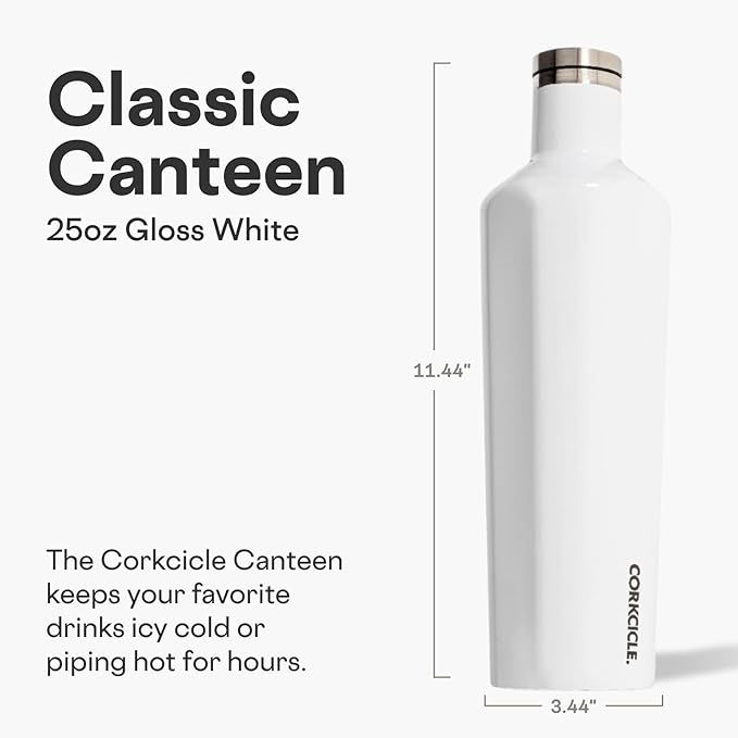Corkcicle Classic Canteen Insulated Water Bottle - Stainless Steel Reusable Tumbler - Triple Insulated - Keeps Drinks Cold 25 Hours or Hot 12 Hours - Cupholder Friendly - Gloss White - 25 oz