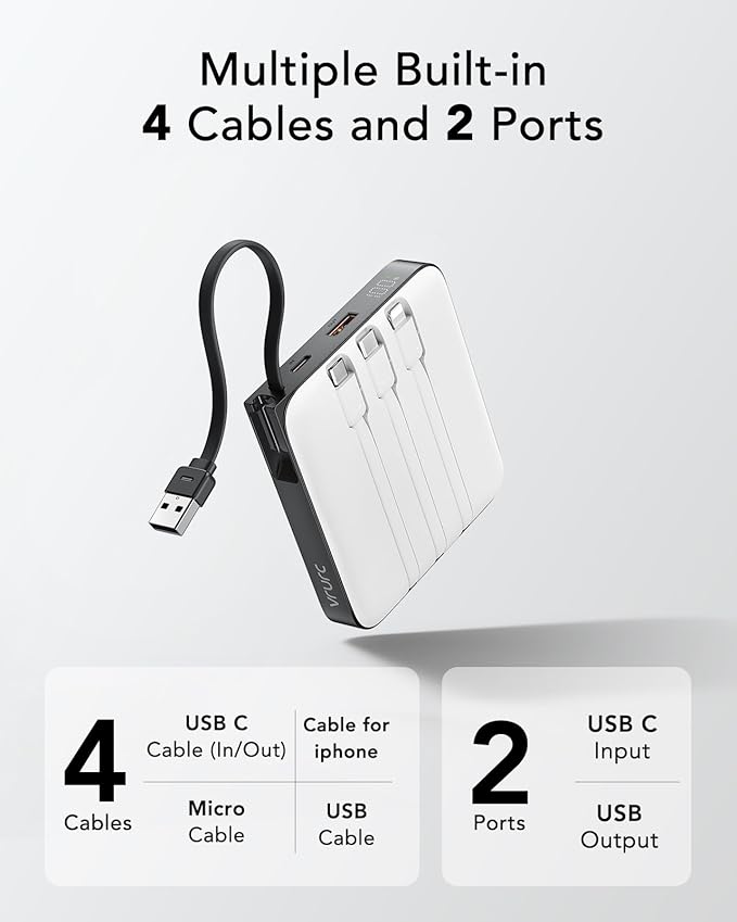 VRURC 20000mAh Portable Charger with Built-in Cables, Travel Essentials, Power Bank PD 20W for iPhone Fast Charging Battery Pack, for iPhone 16 15 14 13 12 11 x Samsung Galaxy Series, White(1 Pack)