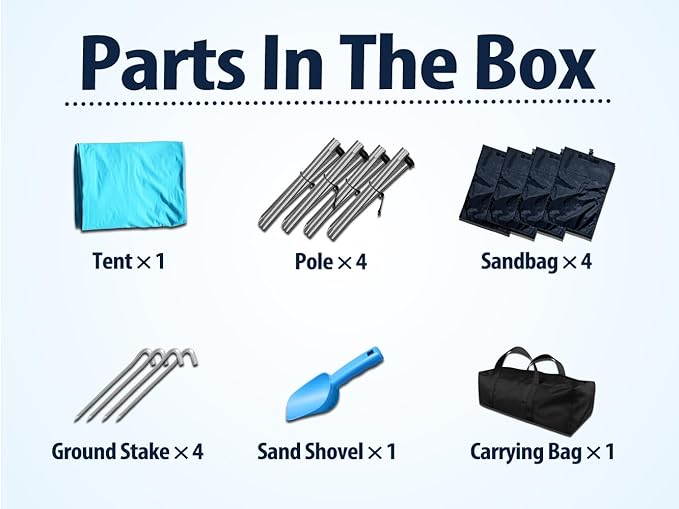 10×10ft UPF50+ Beach Tent Sun Shelter, Windproof Stable Outdoor Pop Up Beach Shade Canopy for Camping, Fishing, Backyard Fun or Picnics, 4 Poles