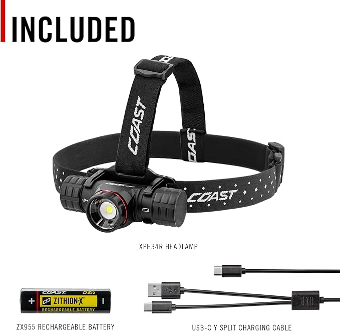 Coast® XPH34R 2075 Lumen USB-C Rechargeable-Dual Power LED Headlamp withPURE Beam® Twist Focus™ and Magnetic Base