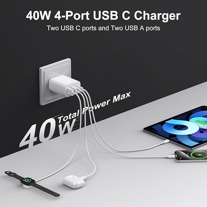 USB C Charger Block, 3-Pack 40W Wall Plug Fast Charging Block, 4-Port PD + QC Power Adapter Type C Charging Blocks Cube, Compatible with iPhone 17/17 Pro/17Pro Max/16/15/14/13/12/11, Tablets（White）