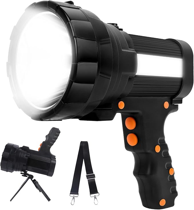 Powerful Spotlight - Super Bright 6000 Lumen Rechargeable Flashlight with 3 Light Modes, Long Battery Life, Waterproof, Durable ABS & Aluminum Alloy Construction, Adjustable Tripod & Strap