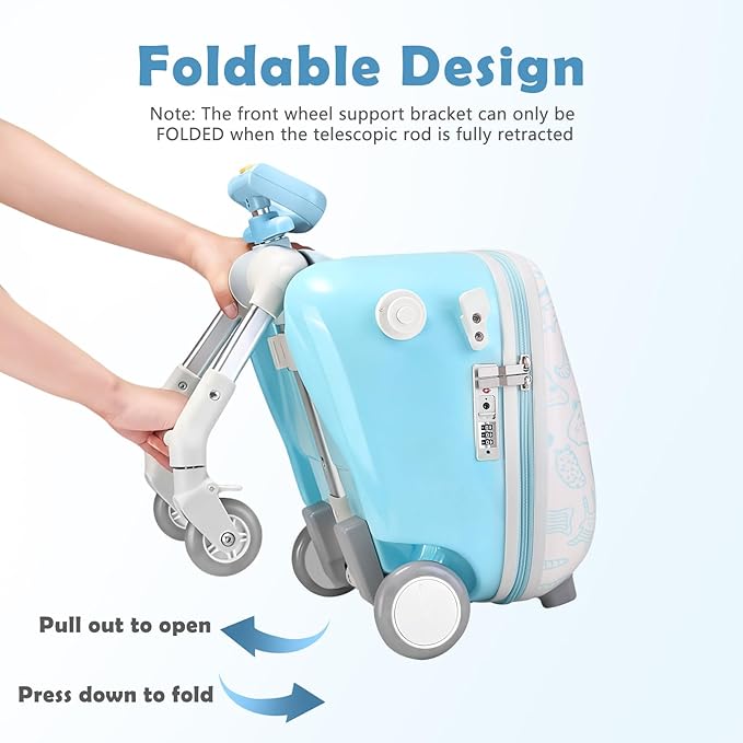 Kids Ride-on Luggage with Seat, 20 inch Carry On Suitcase, 2-in-1 Children's Luggage with Shockproof Silent Wheels and Guardrail for Airplane & Travels