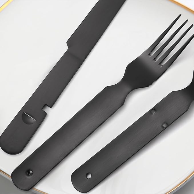 Portable Silverware Black Flatware Camping Cutlery Stainless Steel Spoon Fork Knife and Bottle Opener 4 Pieces Utensil Outdoor Travel Foldable Easy to Clean