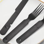 Portable Silverware Black Flatware Camping Cutlery Stainless Steel Spoon Fork Knife and Bottle Opener 4 Pieces Utensil Outdoor Travel Foldable Easy to Clean