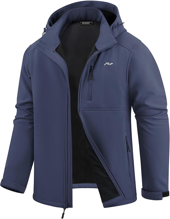 WULFUL Men's Softshell Jacket Waterproof Lightweight Insulated Windbreaker Fleece Lined Rain Shell Jacket for Hiking Travel
