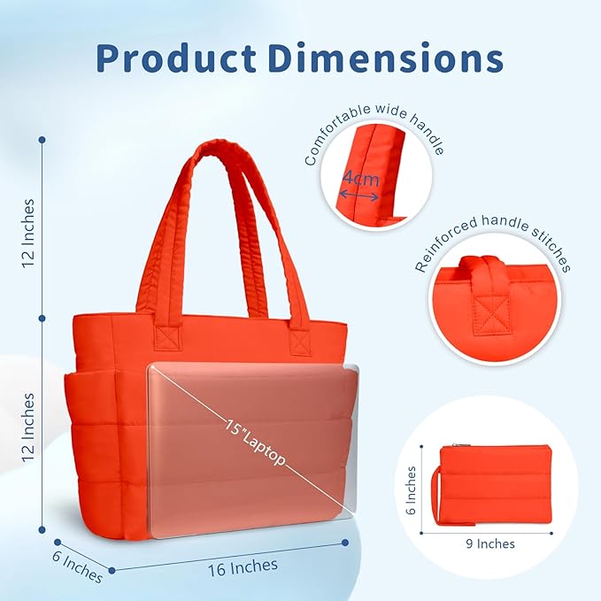 TOPDesign Puffer Tote Bag for Women, Lightweight Puffy Handbag with Compartments, Quilted Shoulder Bag for Work, Travel, Gym