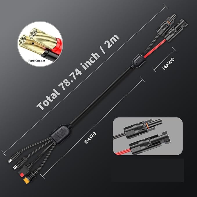 FlexSolar Solar Panel Charge Cable 6.6FT 14AWG Solar Connector to Anderson, DC5521, DC7909, XT60 Adapter for Battery Pack Power Station Solar Generator
