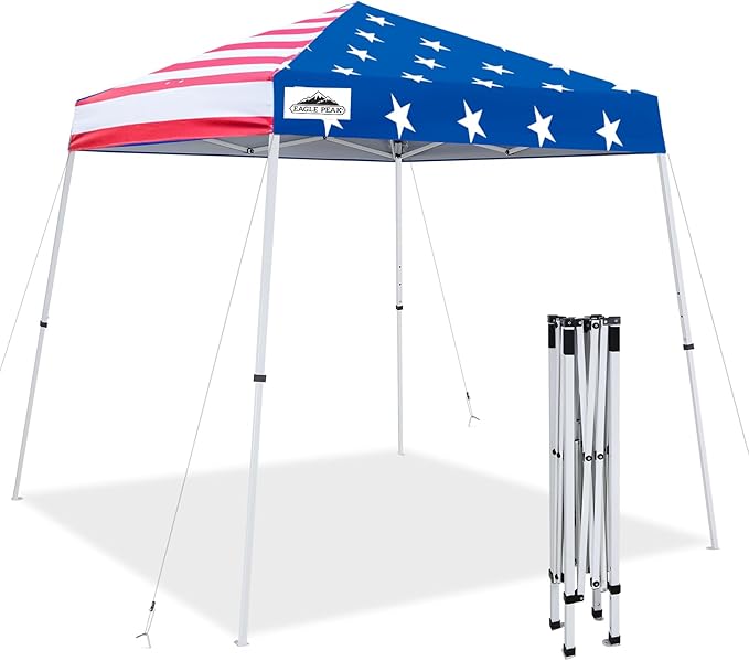 EAGLE PEAK 8x8 Slant Leg Pop-up Canopy Tent Easy One Person Setup Instant Outdoor Beach Canopy Folding Portable Sports Shelter 8x8 Base 6x6 Top (American Flag)