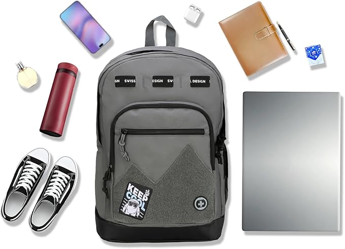 Swissdigital Design Big Student Laptop Backpack with Fun Personalized Patches For College Boys & Girls, Middle High School Teen Bookbag Cool Travel Daypack Grey- Includes 3 Patches | SD1718-03