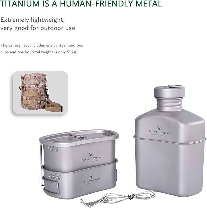 Boundless Voyage Titanium Canteen Mess Kit with Camouflage Bag Large Capacity Kidney-Shaped Camping Pot Pan Set with Lid & Hanging Chain