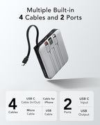 VRURC Portable Phone Charger 4 Built-in Cables, Fast Charging PD 20W Power Bank 10000mAh, USB C Mini Battery Pack for iPhone 16 15 14 Samsung Galaxy S23 Google Android Cell Phones(1 Pack)
