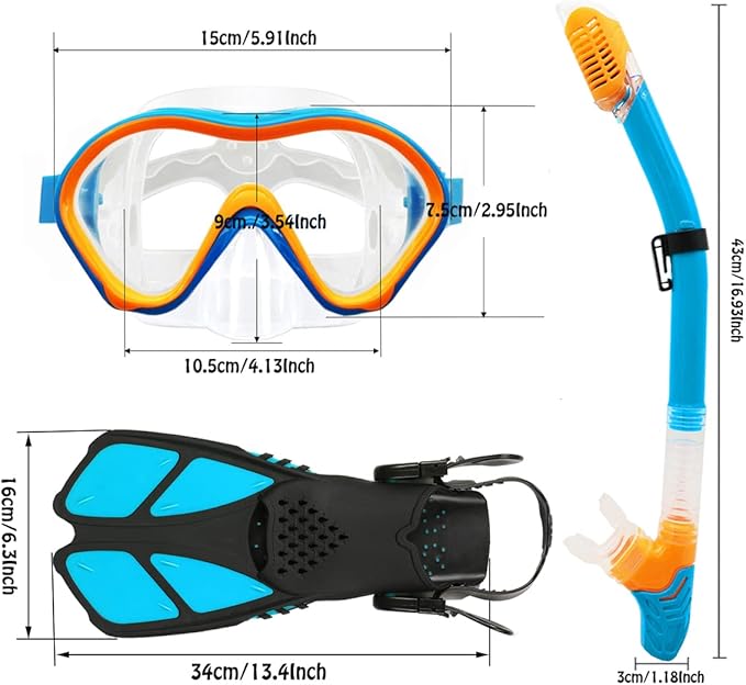 Kids Mask Fins Snorkel Set Snorkeling Packages, with Diving Mask, Snorkel, Adjustable Swim Fins, Mesh Bag, Anti-Fog Anti-Leak Snorkeling Gear for Kids for Snorkeling Swimming Diving