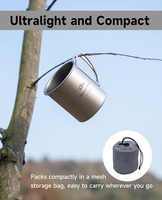 iClimb Titanium Cup Camping Coffee Mug Ultralight Compact with Foldable Handle (300ml)