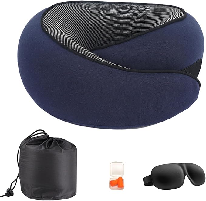 Cloud Sleep Travel Pillow｜360° Adjustable Neck Pillow for Airplane & Office｜NASA Memory Foam｜Free Eye Mask & Earplugs (Dark Blue)