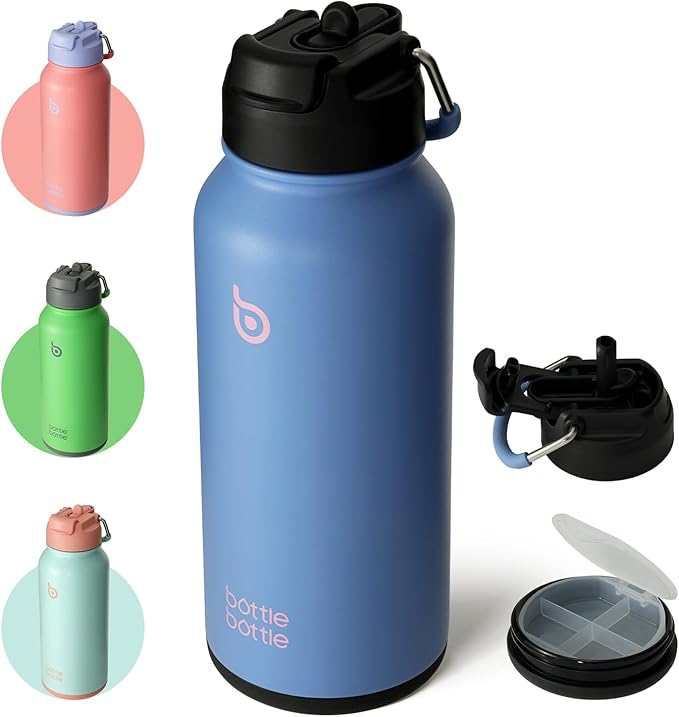 BOTTLE BOTTLE 32oz Insulated Water Bottle Stainless Steel Sport Water Bottle with Straw Dual-use Lid Design for Gym with Pill Box