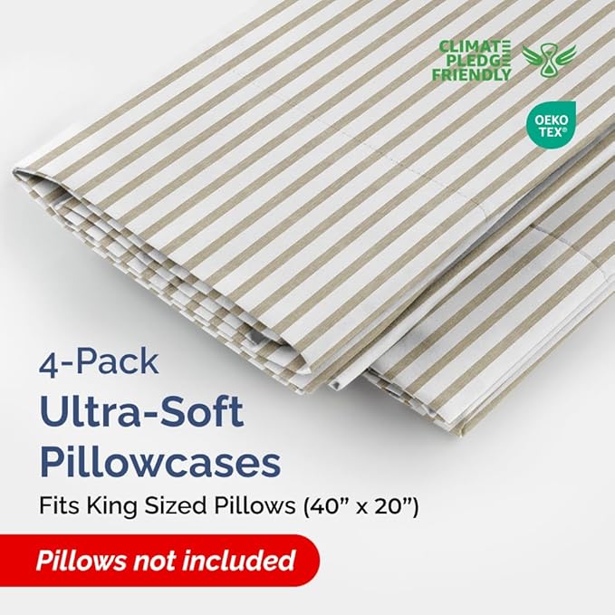Pillowcases - Ultra Soft Hotel Quality Pillowcase Covers - Comfy, Cozy & Wrinkle Free - Shrinkage and Fade Resistant - Machine Washable Pillow Protectors - (King, Beige Stripes 2, 4 Piece Set)