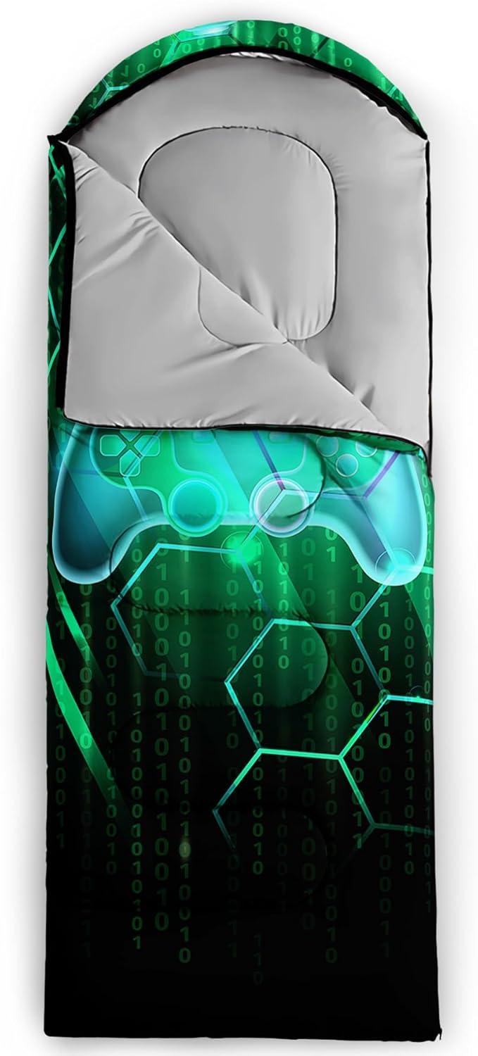 Axolotl Gamepad Sleeping Bag,3 Season Warm and Cool Weather Game Console Sleeping Bag for Boys Teens,Waterproof Lightweight Geometry Hexagonal Sleeping Bag for Traveling,Outdoors Camping,Blue,Black