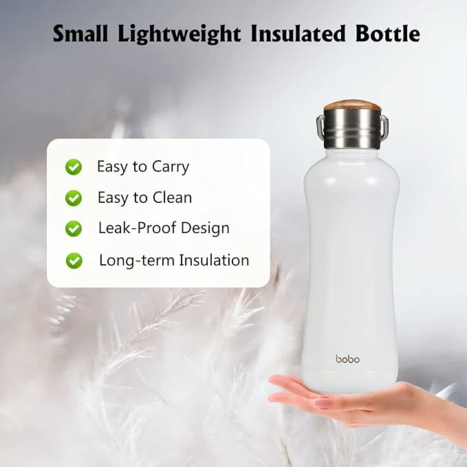 YOHKOH Mini Insulated Water Bottle With Bamboo Lid - 11.8oz Small Vacuum Insulated Water Bottle for Women Kids, 12 Hrs Hot & 24 Hrs Cold Stainless Steel Thermos Leak-Proof BPA-Free (11.8oz,White)