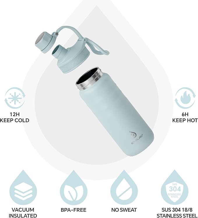 IDEUS Insulated Stainless Steel Water Bottle with 2 Leak-Proof Lids, Thermal Water Flask for Hiking Biking, 18oz, Light Blue