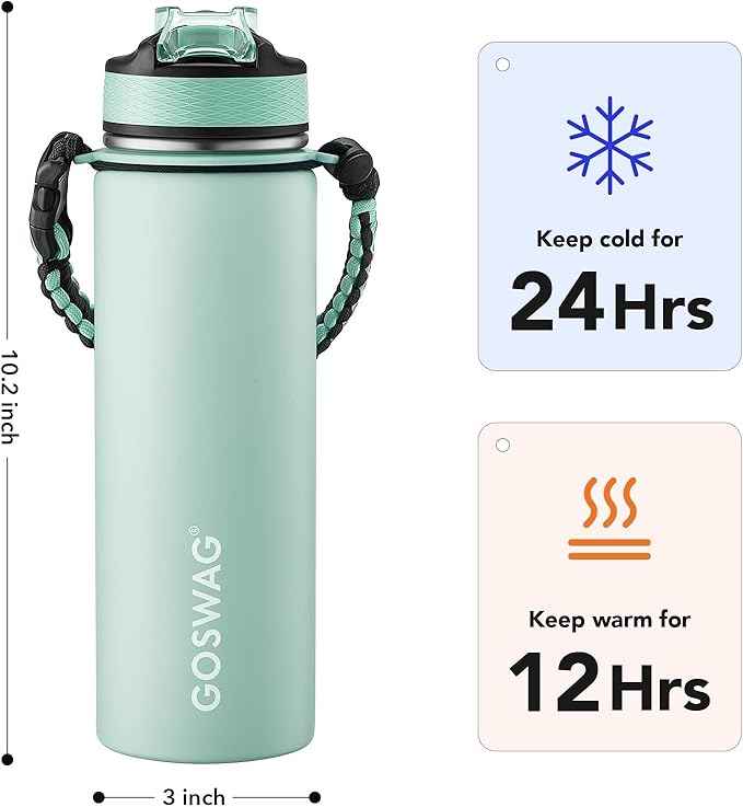 GOSWAG Insulated Sports Water Bottle, 24oz 2 Lids(with Straw/No Straw), Stainless Steel Water Bottles with Paracord Handle, Insulated Bottle with Double-Wall Vacuum Insulation