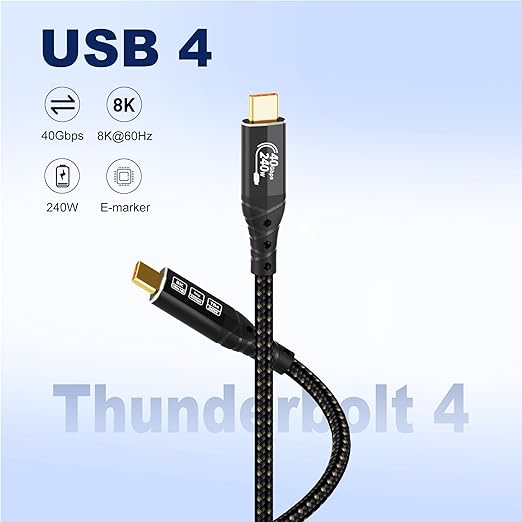 ZIKNYDO 8K/4K for Thunderbolt 4 Cable 10FT/3m, 40Gbps Data Transfer, 240W USB4 Cable, USB C Monitor Cable, for Thunderbolt 3, iPhone 16 Series, SSD, MacBook, eGPU, iPad, Displays, Laptops