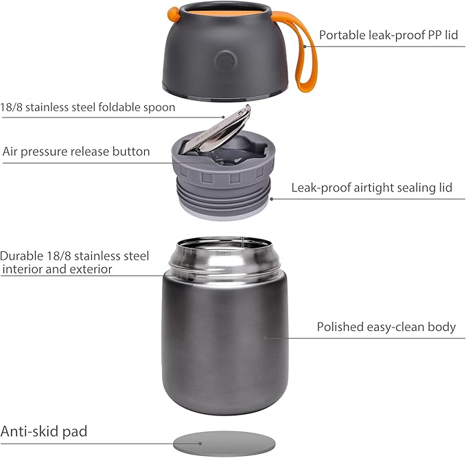 MAXSO Soup Thermo for Hot & Cold Food for Adults Kids, 17 oz Vacuum Insulated Steel Lunch Container Bento Box with Spoon, Leakproof Thermal Food Jar for School Office Travel - Grey