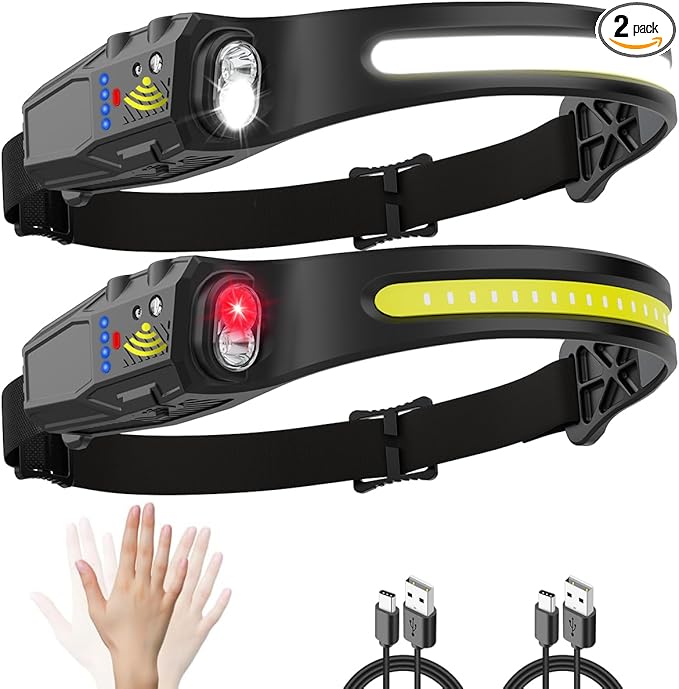 Headlamp Rechargeable 2Pack, 230° Wide Beam Head Lamp, LED Headlamp with Motion Sensor, 7Mode Head Lights for Forehead, Bright Headlamps for Adults, Red Light Headlight, Hard Hat Light, Camping Gear