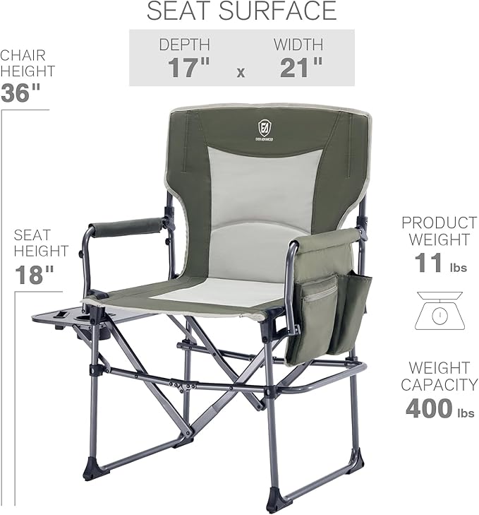 EVER ADVANCED Camping Directors' Chair with Side Table, Portable Folding Chair with Compact Size, Heavy Duty with Pocket for Camping, Lawn, Sports and Fishing, 400lbs, Green 2 Pack