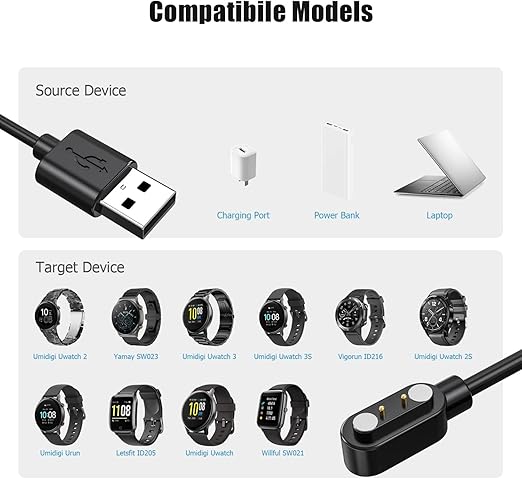 Smart Watch Charger for Letsfit Willful YAMAY VeryFitPro, [ 2-Pack 3.3-Feet ] Replacement Magnetic Watch USB Charging Cable Cord for SW021 SW023 Letsfit ID205L ID205U ID205S SW025 Uwatch 3S 3 2 2S