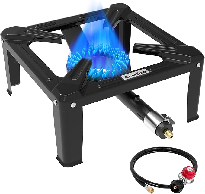 Bestfire High Pressure Propane Burner, 120000 BTU Single Propane Stove with 4.1ft 0-20Psi Adjustable Hose with Regulator, 16" Square Steel Cooktop for Camping