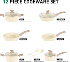 Kitchen Academy Induction Pots and Pans Set Non Stick - 12Pcs Beige Nonstick Kitchen Cookware Set, Granite Cooking Pans Set