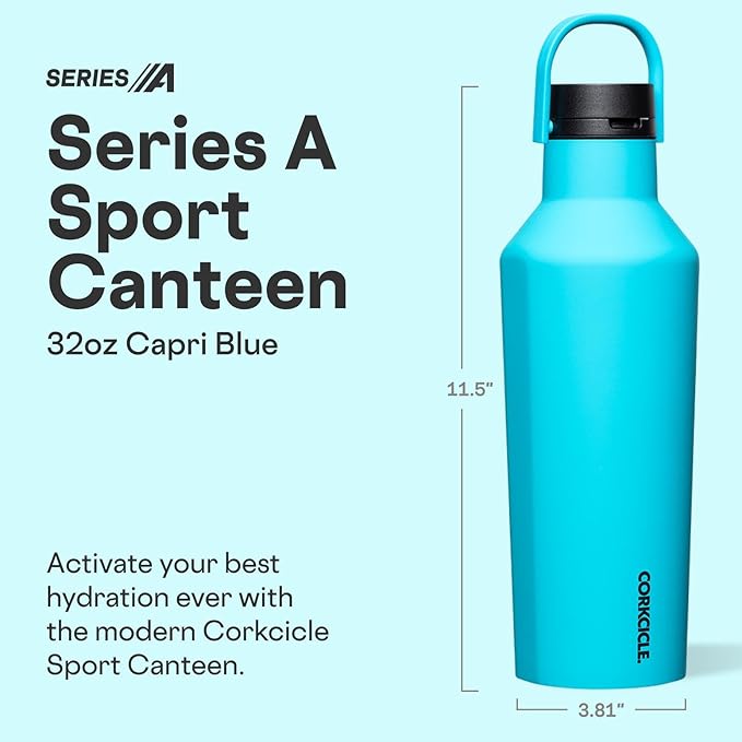 Corkcicle Sport Canteen - Keeps Drinks Cold 25 Hours - Stainless Steel Water Bottle - Triple-Insulated - Spill-Proof - Summer Drinkware Gift - Keeps Drinks Ice Cold - 32 oz - Capri Blue