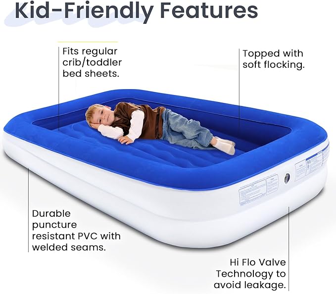 King Koil Luxury Toddler Inflatable Child Airbed, Travel Bed with Built-in Safety Bumper, Portable Air Mattress for Kids, Includes High-Speed Pump - Blue
