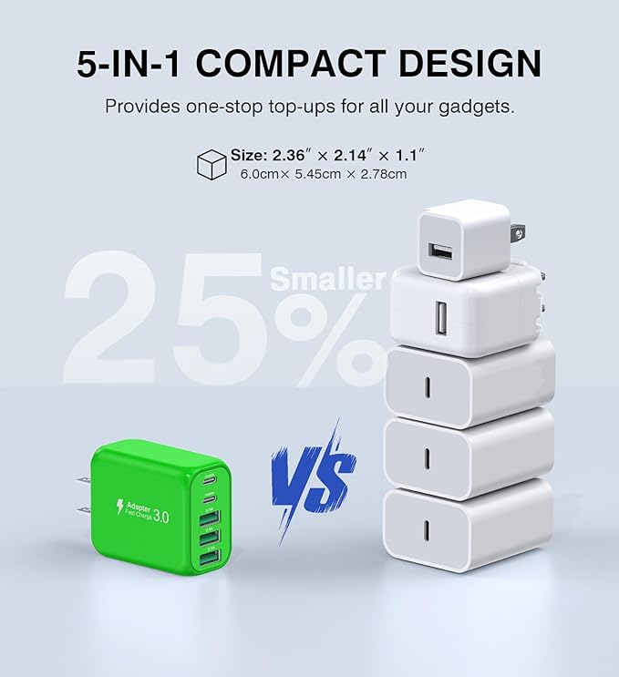 50W USB C Wall Charger Block,5-Port C Charger Fast Charging Block PD Power Adapter +QC 3.0 Multiport Type C Box Charger Cube USB A Wall Plug for iPhone 16/15/14/13 Pro Max Plus,Samsung(Green)(2-Pack)