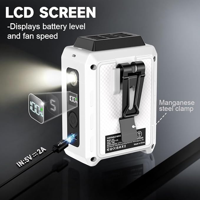 CAZOKASI Personal Waist Clip Fan Rechargeable Wearable Hand Free Wearable Cooler Fan for Traveling Working Outdoor Office (5000mAh / White)