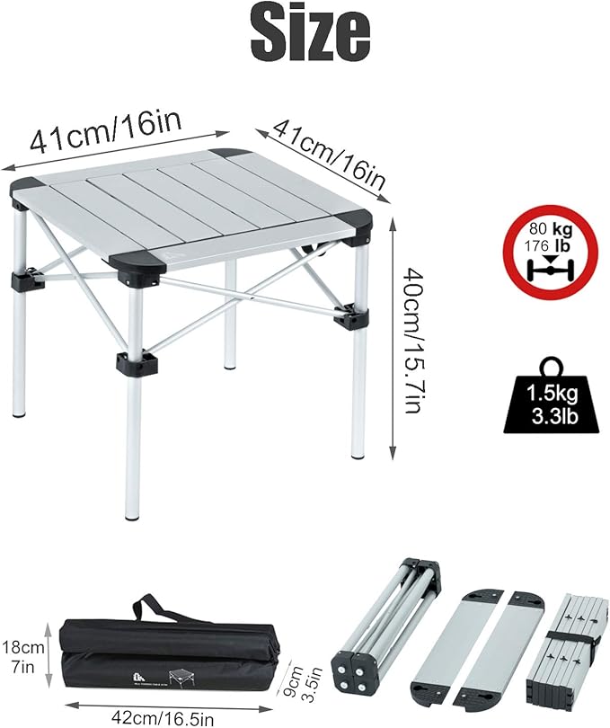 iClimb Lightweight Stable Alu. Folding Square Table Roll Up Top with Carry Bag for Camping Picnic Backyards BBQ Camp Kitchen (Silver, S)