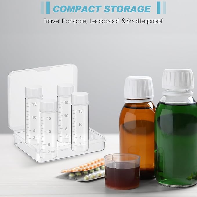 Baderke 4 Pcs Liquid Medicine Travel Container Scale Glass Liquid Containers Small Single Dose Medicine Bottles Dispenser and Leak-proof Plug Travel Essentials Accessories(Clear,15ml)