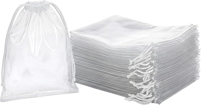 Clear LDPE Drawstring Bags (50 Pack) (13.75" x 17.5") 2 Mil Disposable Transparent Plastic with Double Cotton White Strings. Shoe Bags for Travel Large Storage Organizers Pouch (50)