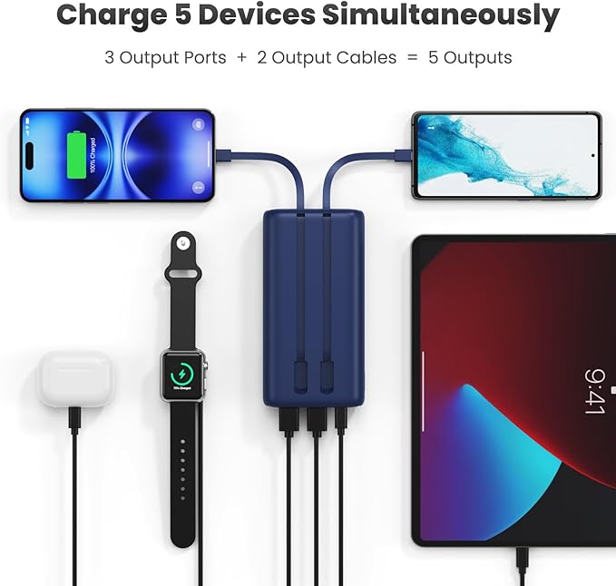 Portable Charger 40,800mAh Power Bank 25W Portable Battery Pack with 2 Built in Cables [2024 Upgraded], PD QC4.0 Fast Charging Portable Phone Charger Compatible with iPhone 16/15,Android Samsung-Navy