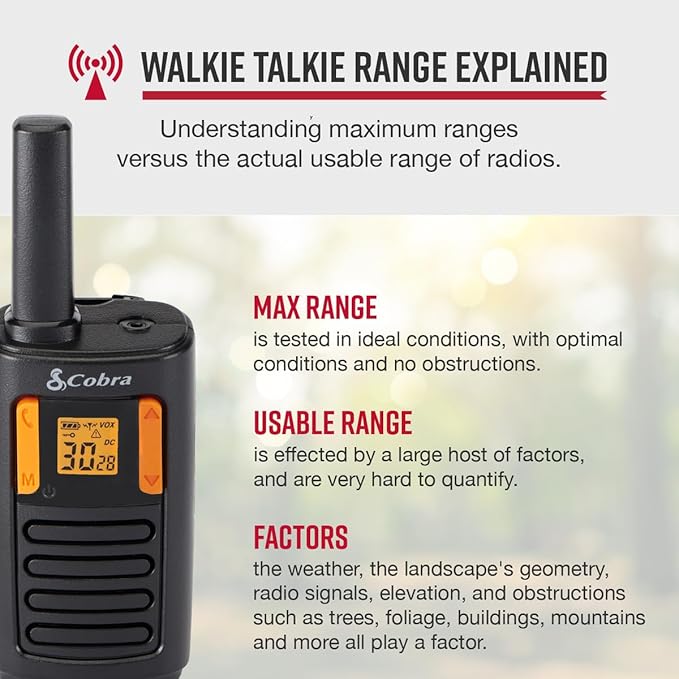 Cobra RX180 Walkie Talkies (2-Pack) – Lightweight, Easy-to-Use Compact Two Way Radios Long Range, 22 Preset Channels, NOAA Weather Alerts, VOX Feature, LED Flashlight (Orange/Black)