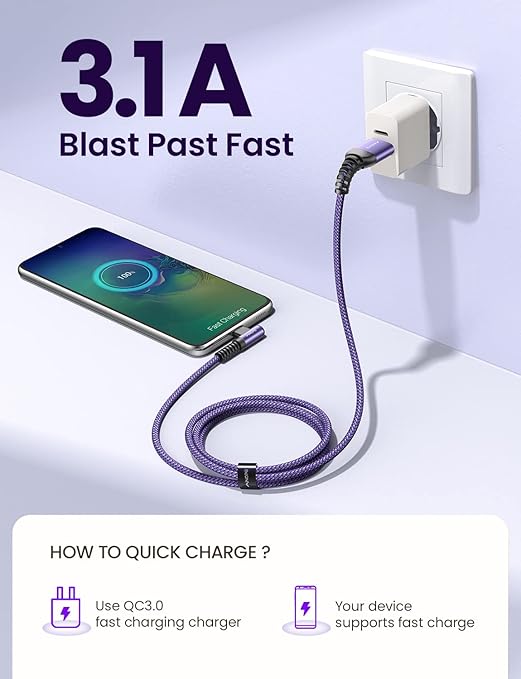 AINOPE 4-Pack [10/6.6/3.3/3.3ft] USB C Cable, 3.1A C Charger Cable Fast Charging, Right Angle Type C Charger Nylon Braided Compatible with Galaxy S10 S9 S8 Plus S21 S20, Note 10 9 8, LG Google Pixel