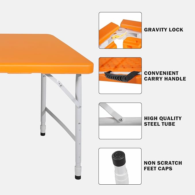 4 FT Folding Table with Carry Handle, Portable Fold-in-Half Plastic Table, Rectangle Foldable Table for Indoor/Outdoor Orange