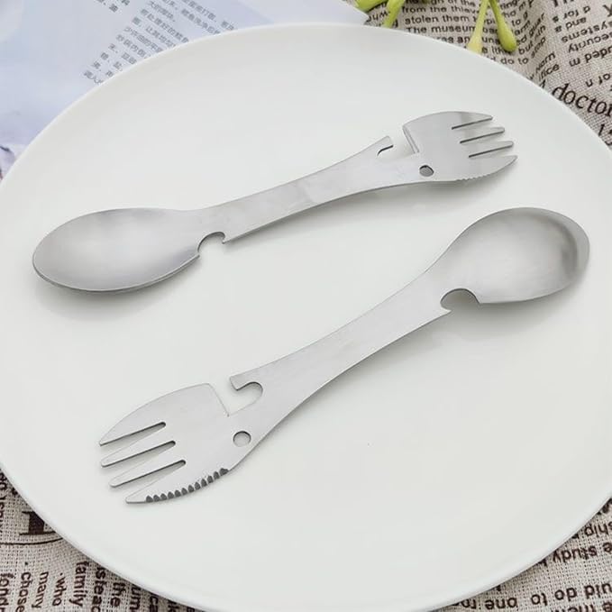 5 in 1 Stainless Steel Outdoor Cutlery - Spoon Fork Knife Bottle Can Opener for Camping Hiking Travel Multi-Purpose Cutlery (2 Pack)