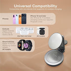3 in 1 Magnetic Wireless Charger Station for Apple Devices, MagSafe iPhone & Watch, Earbuds Dock, Ultra-Slim Foldable Stand, 360° Adjustable, USB-C & Charging Cube, Travel-Ready.