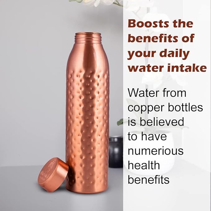NORMAN JR, Copper Water Bottle 1L - Gift Box of 6, Hammered, an Ayurvedic vessel made from pure copper - helps you drink more water, with many health benefits